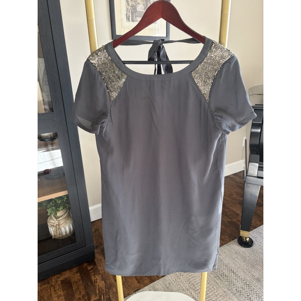 Madewell Silk Dress Gray Metallic Sequin Shoulder Tunic Shift Coquette Y2K L